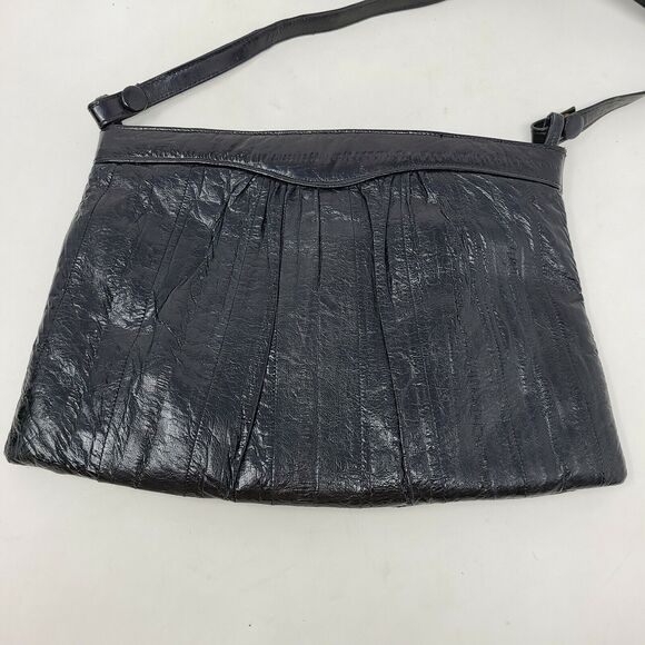Vintage Black Eel Skin Handbag Shoulder Clutch Leather of the Sea 22" Drop Strap - Picture 2 of 8